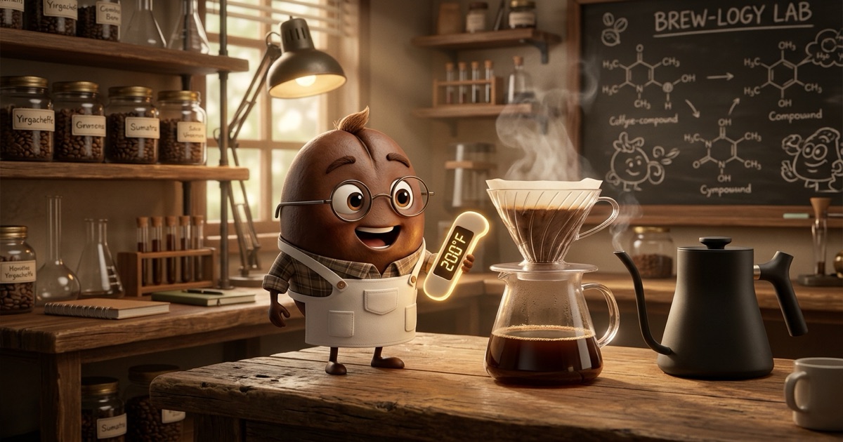 Pixar style 3D animated coffee bean scientist with lab apron and glasses testing 200°F water temperature with a glowing digital thermometer in the lab