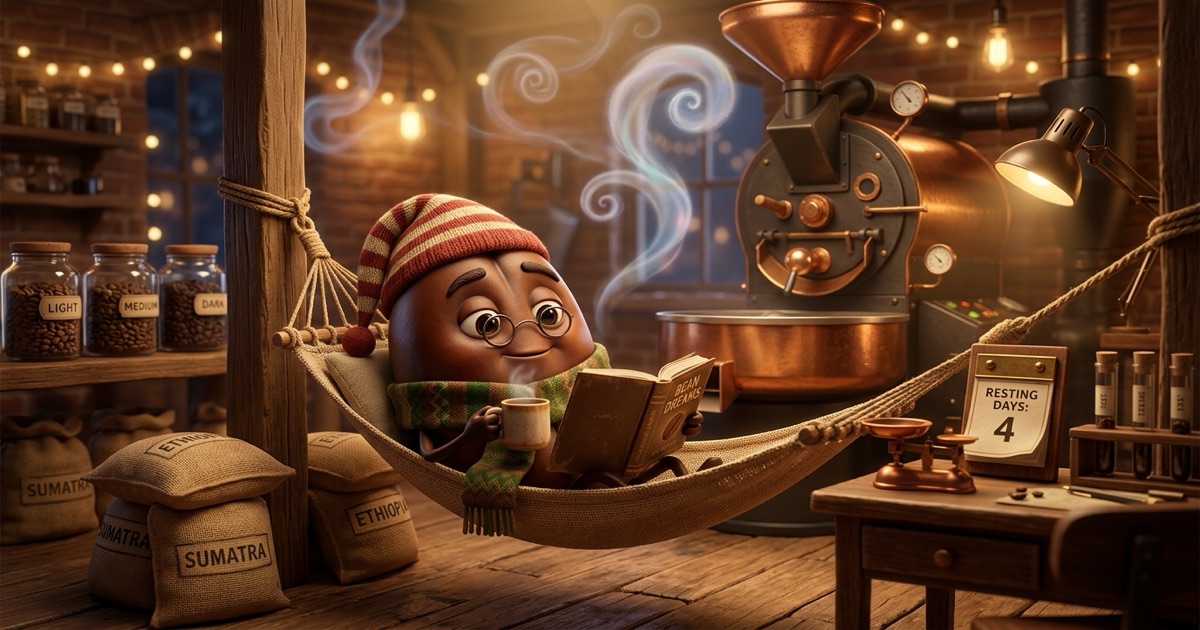 Pixar style 3D animated coffee bean character resting peacefully in a hammock inside the roastery lab