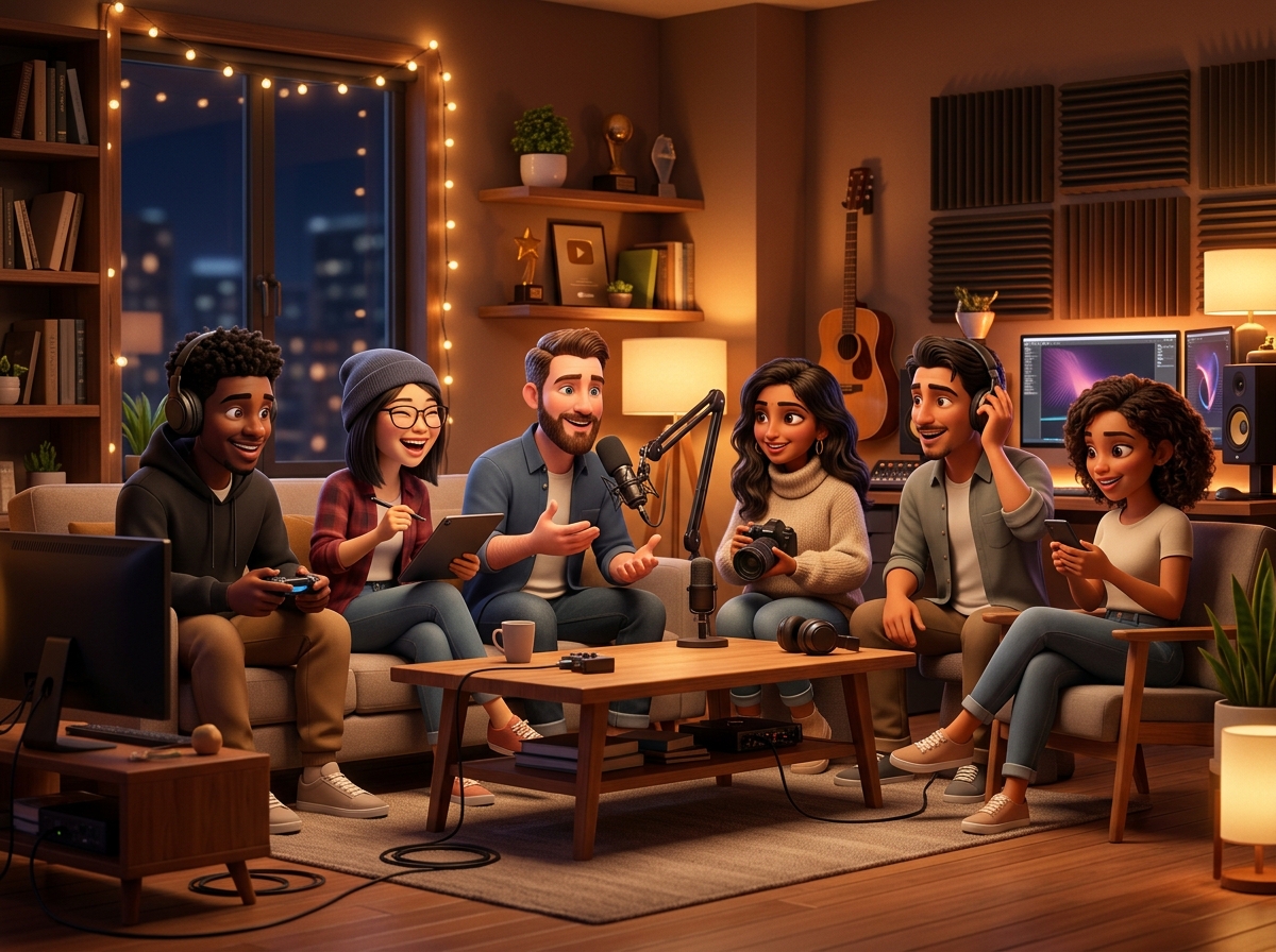 A beautiful Pixar-style 3D render of a diverse group of human creators hanging out in a studio